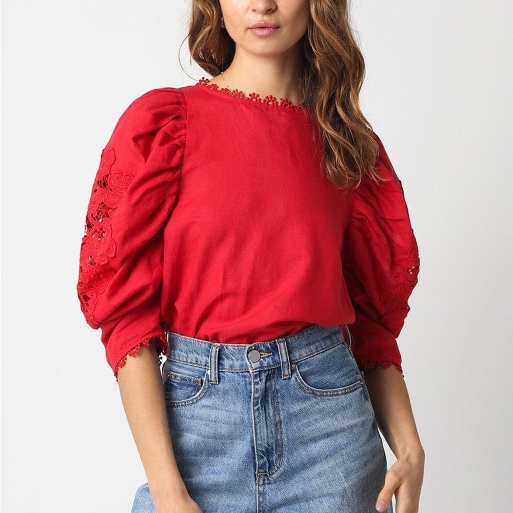Olivaceous Red Ruffled Puff Sleeve Blouse